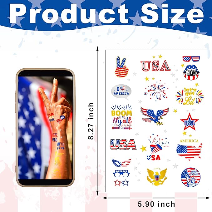 64 PCS 4 Sheets 4th of July Temporary Tattoo Set, Patriotic Party Face Body Decorations, American Flag Independence Long Lasting Tattoo Stickers for Kids Adults, Red White and Blue Accessories