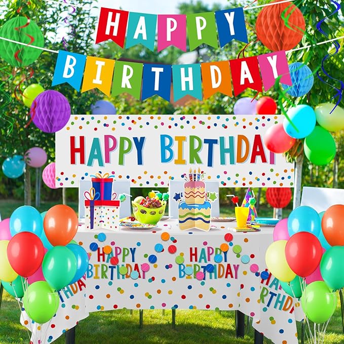 Happy Birthday Decorations Kit: Happy Birthday Banner,Birthday Dots Design Plastic Backdrop, Circle Confetti Garland, Swirl Streamers, Honeycomb Balls & Party Balloons - Table Centerpiece Set