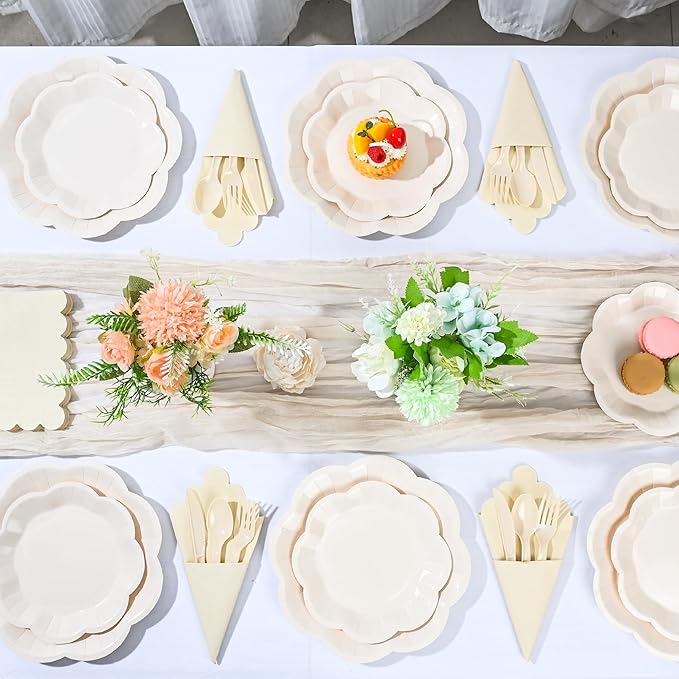 400 Pcs Ivory Paper Plates and Napkins Tableware Set, Ivory Birthday Decorations for 50 Guests Include Scalloped Paper Plate Napkins Cups Plastic Knives fork and spoon for Baby Shower Wedding Birthday