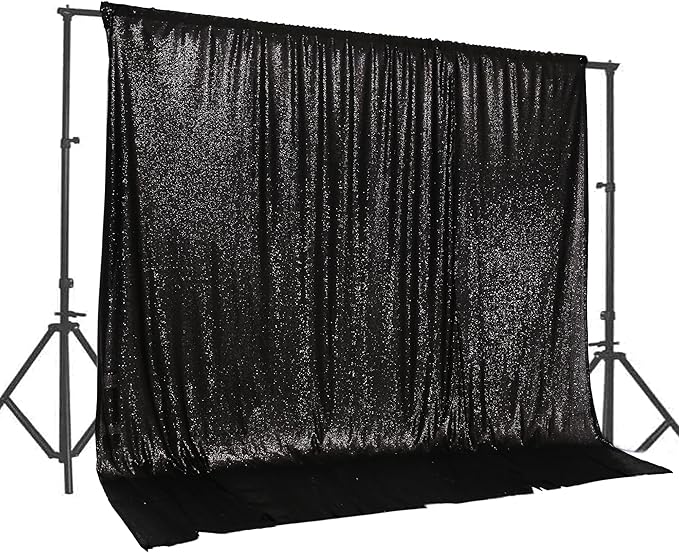 PartyDelight Black Sequin Backdrop 20x10ft - High Density 3mm Shimmer Sequin Background with 4-Inch Rod Pocket, Sparkly Photography Curtain for Stage, Gala, Wedding & Large Events Decor