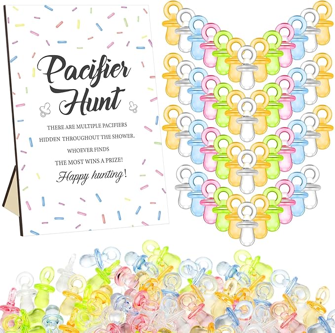Thyle 51 Pcs Confetti Sprinkle Baby Shower Games It's a Baby Sprinkle Party Decoration Pacifier Hunt Sign and 50 Acrylic Pacifiers Rainbow Confetti Sweet Donut Gender Reveal Party Decor