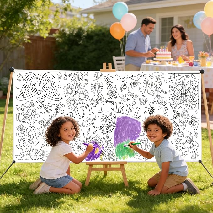 Butterfly Coloring Poster, 31 x 72 Inch Giant Flower Garden Theme Paper Coloring Tablecloth, Nature Spring Coloring Activity Table Cover, Holiday Arts Crafts Party Table Decor Supplies