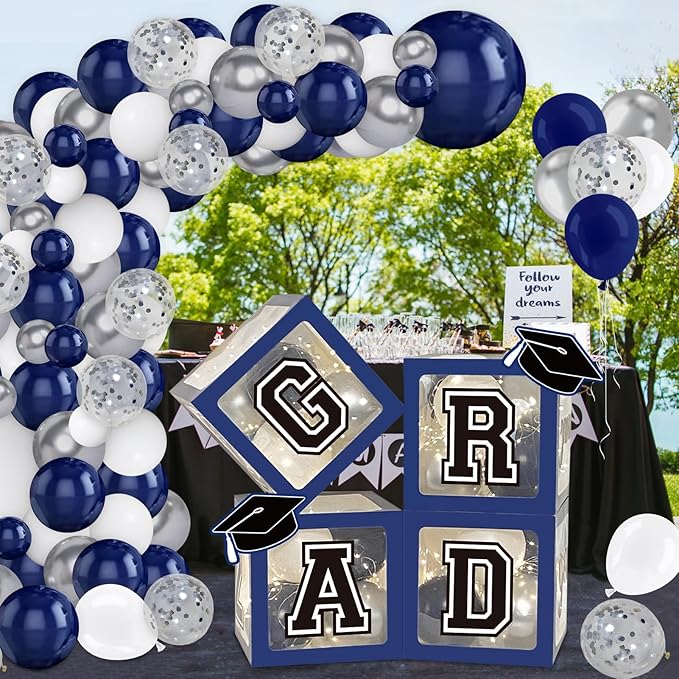 DAZONGE Navy Blue Graduation Decorations 2026 - Set of 4 Grad Balloon Boxes with 139pcs Balloon Arch Garland Kit & 4 Lighted Strings - So Proud of You 2026 Graduation Decorations