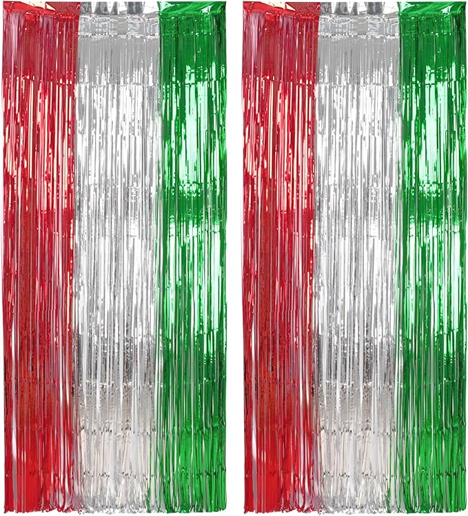 BRAVESHINE 2 Pack Fringe Backdrop Red Silver Green Christmas Party Decorations 3.2 x 6.6 ft Tinsel Foil Curtain Streamer for Valentines Day/Engagement/Bridal Shower/Birthday/Italian Party Decorations