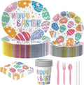 200PCS Easter Plates and Napkins Tableware Set, Easter Eggs Designed Disposable Dinnerware with Paper Plates, Napkins,Paper Cups,knives,Forks,Spoons and Straws for Party Supplies- Serves 25