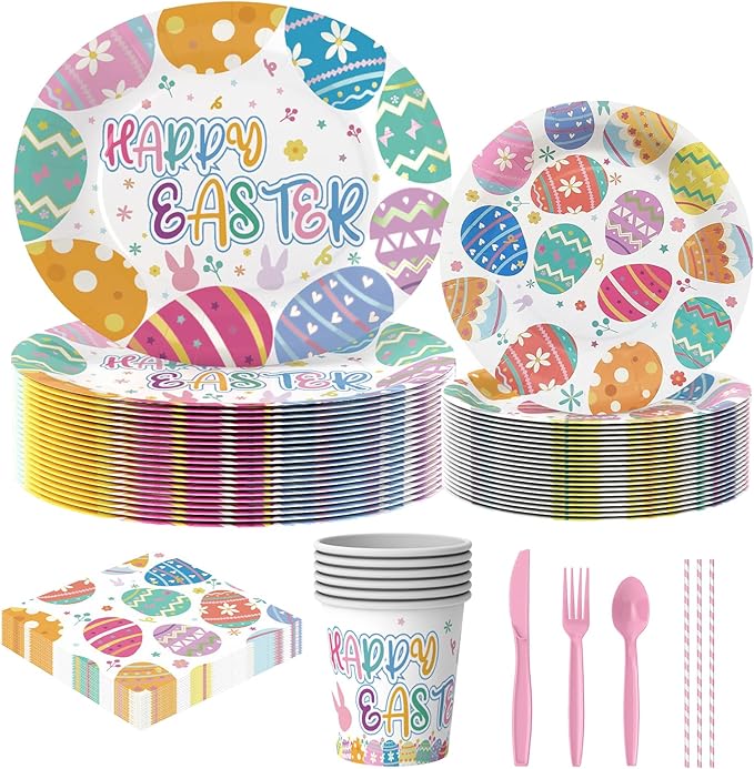 200PCS Easter Plates and Napkins Tableware Set, Easter Eggs Designed Disposable Dinnerware with Paper Plates, Napkins,Paper Cups,knives,Forks,Spoons and Straws for Party Supplies- Serves 25