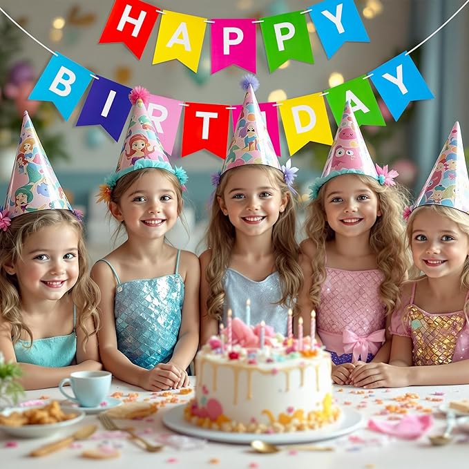 Rainbow Happy Birthday Banner - Hanging Backdrop Sign with White Letters, Bunting Rainbow Birthday Decorations for Women men Kids Baby Shower Party Supplies (13pcs)