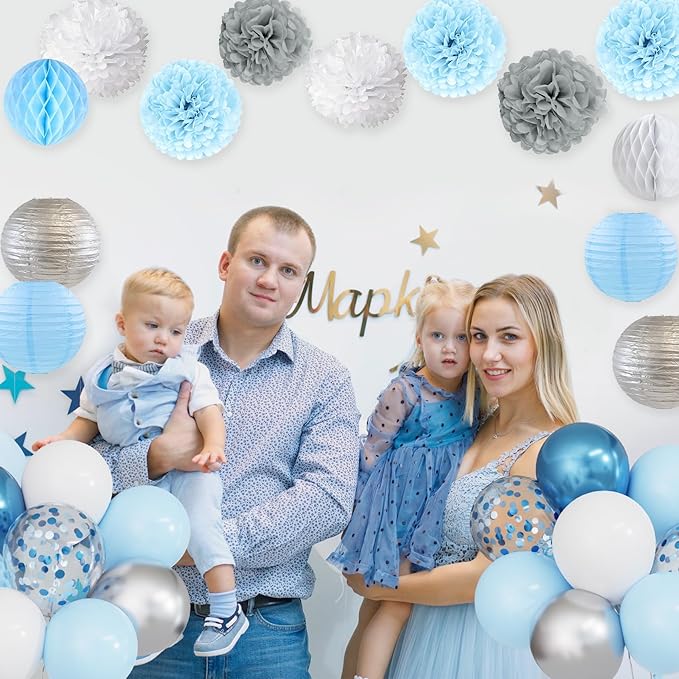 Ouddy Party Blue Baby Shower Decorations with Its a Boy Banner, Baby Boy Letter Metallic Blue Gray Silver Balloon Paper Pom Poms Honeycomb Ball for Baby Shower Gender Reveal Party Supplies
