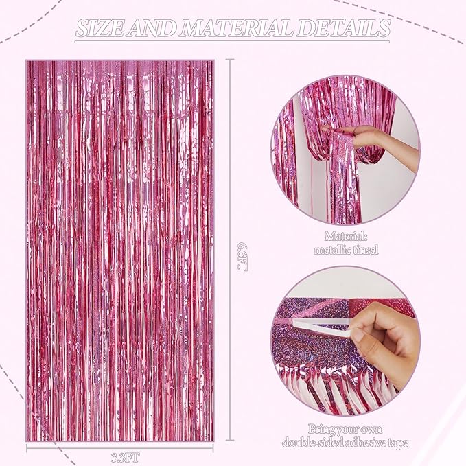 2 Pack Foil Fringe Backdrop - Laser Pink Shiny Tinsel Curtains for Party Decoration/Photo Booth Props - 3.3x6.6 FT Metallic Foil Backdrop for Birthday, Wedding, Graduation, Christmas.