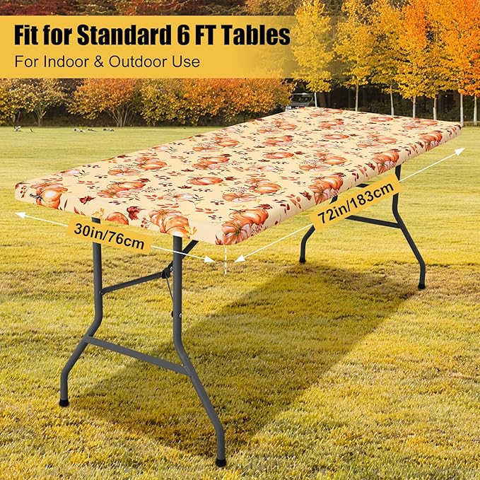 Smiry 2 Pack Rectangle Thanksgiving Table Cloth, Waterproof Elastic Fitted Tablecloths, Washable Polyester Rectangular Patio Table Cover for Autumn Harvest Parties (Pumpkin Leaf, 30"x72")