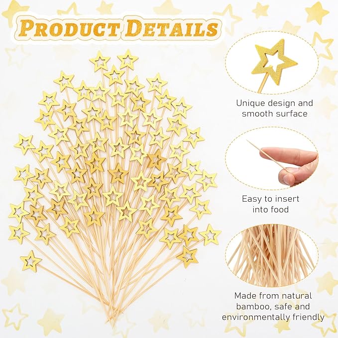 100 Pcs Gold Star Toothpicks, 4.72 Inch Gold Star Cocktail Picks for Appetizers, Long Bamboo Toothpicks, Decorative Toothpicks Skewers for Holiday Birthday Party Decorations (Gold Star)