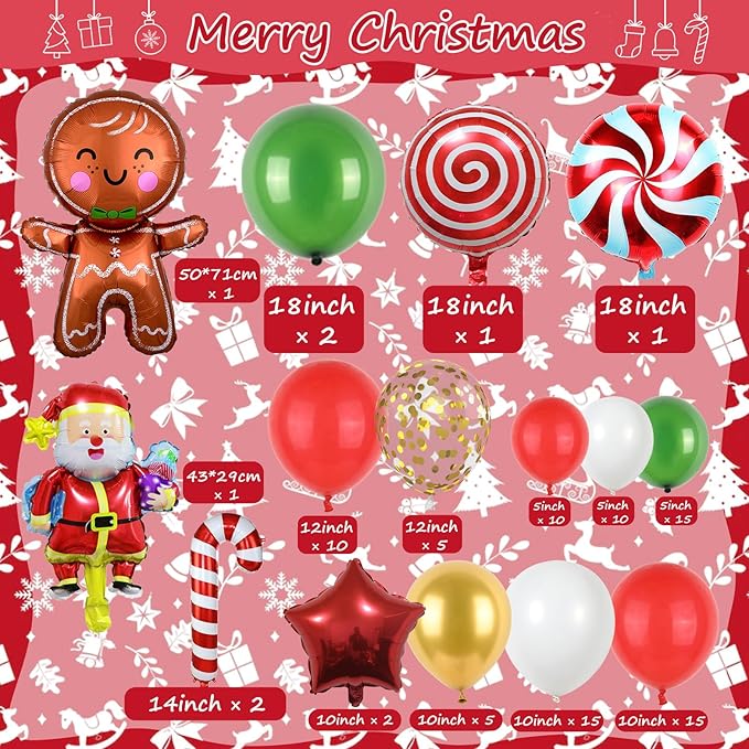 Christmas Balloon Garland Arch Kit, Christmas Red White Green Balloons with Santa Claus Gingerbread Lollipop Cane Windmill Star Foil Balloons, Metalic Gold Balloon for Xmas Party Decorations