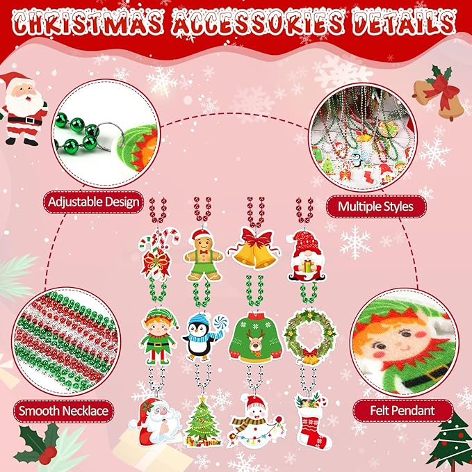NOVWANG 24 Pcs Christmas Beads, 12 Styles Christmas Metallic Beaded Necklaces Multi Colors Necklaces for Christmas Parade Decorations Christmas Party Favors