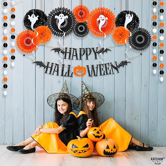 KatchOn, Hanging Halloween Decorations Set - Pack of 17 | Glittery Happy Halloween Banner, Garlands, Ghost Hanging Swirls, Orange Pumpkin, Paper Fan, Spooky | Halloween Decor Hanging Swirls