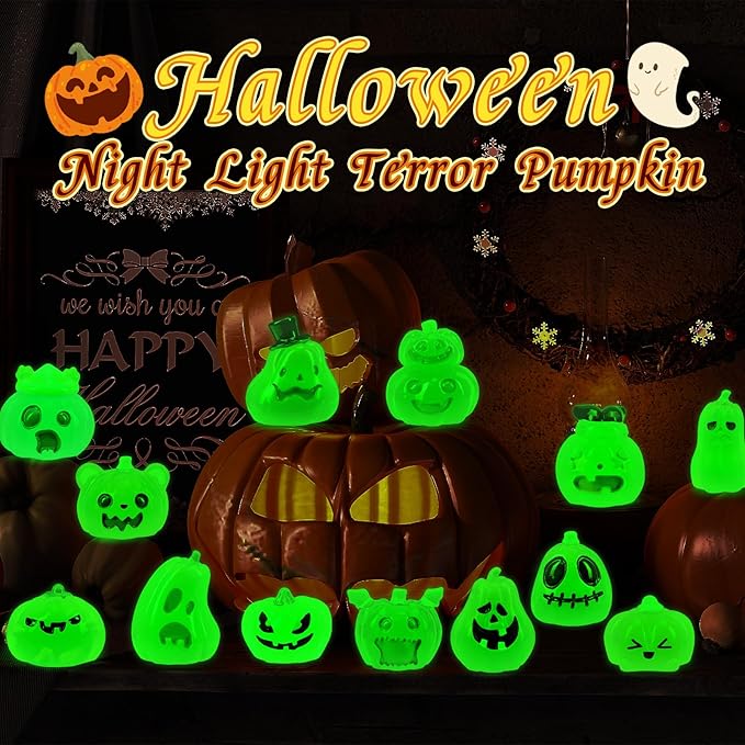 36 Pcs Halloween Luminous Mini Resin Pumpkin Figures Fall Small Resin Pumpkin Decoration Glow in The Dark Artificial Pumpkin Miniatures to Hide for Crafts Dollhouse Halloween Party Home Table Decor