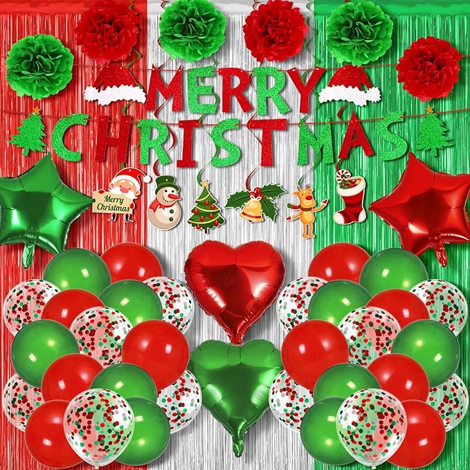 Merry Christmas Party Decorations Set Balloon Garland Arch Kit Balloons Merry Xmas Banner Red Green Foil Fringe Curtain Xmas Birthday Baby Shower Party Balloons Party Props for Photo Supplies