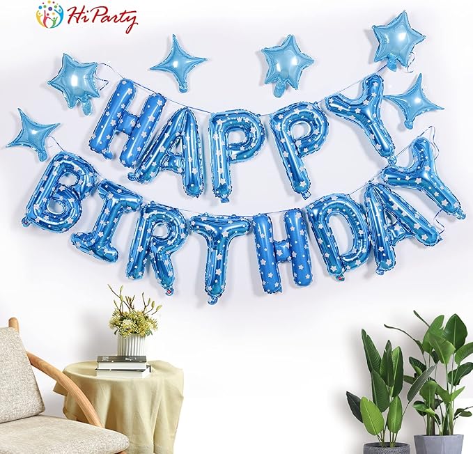 HiParty 24pcs Blue Point Happy Birthday Banner & Balloons, 3D Mylar Foil Star & Letter Balloons for Men Women Adults Kids, Ecofriendly Party Supplies
