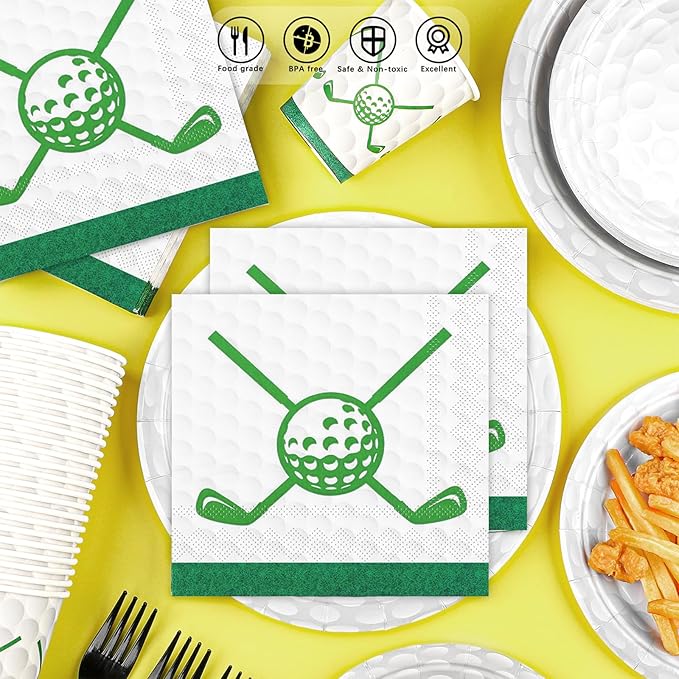 Durony 144 Pieces Golf Party Supplies - Paper Plates and Napkins Dinnerware Set for 24 Guests - Birthday Tableware Includes Plates, Napkins, Forks for Sports Themed Celebrations
