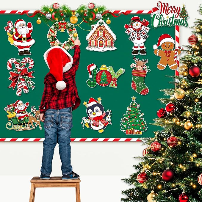 Large 11"x14" Vintage Christmas Cutouts Decorations Cardboard Cutout Set of 12, Vintage Christmas Red and Green Paper Cut Outs Party Decoration Indoor Outdoor, Retro Paper Xmas Cutouts Wall Decor