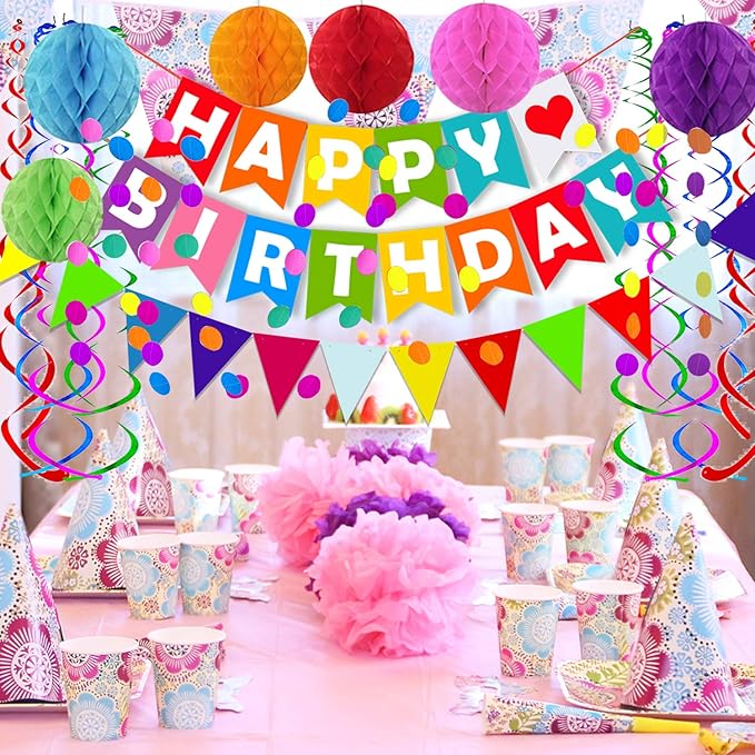 FECEDY Colorful Happy Birthday Banner Paper Triangle Flag Bunting Circle Confetti Dots Hanging Garland And Honeycomb Ball Swirl Streamers for Birthday Baby Shower Party Decoration