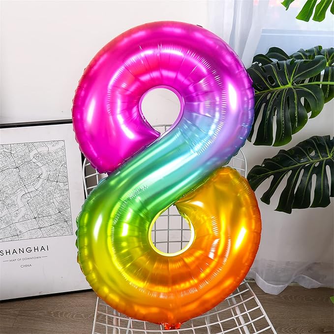 Number Balloon | Number 8 Balloon for 8th Rainbow Birthday Decorations | Giant Multicolor Mylar 8 Balloon Number - 40 Inch | Big Foil Colorful 8 Birthday Balloon for Anniversary Party Supplies Favors