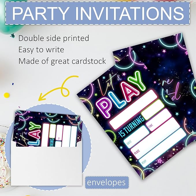 Laser Birthday Invitations, Let's Party Theme Neon Glow Party Invites Cards for Boys Girls, Fill-In Style 20 Pack Double Sided with Envelopes, 4 × 6 Inch