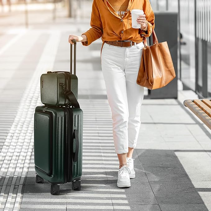 TRAVELARIM 20 Inch Carry On Luggage 22x14x9 Airline Approved, Carry On Suitcase with Wheels, Hard-shell Carry-on Luggage, Durable Luggage Carry-On, Green Small Suitcase with Cosmetic Case