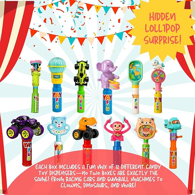 YAY! FUN Party Favors Supplies for Kids, 12Ct Bulk Individually Wrapped Lollipop with Interactive Toys, Perfect for Party Favors, Goodie Bags & Kids Surprise Gifts, Home/ school treasure box, Holiday basket (12 Count)