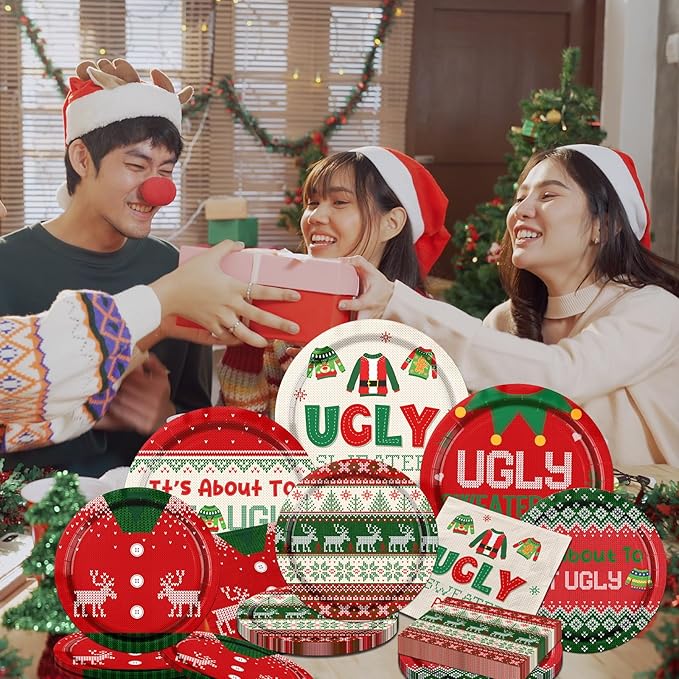 HAKOTI Christmas Party Decorations,60Pcs Ugly Sweater Party Decorations Set Christmas Plates and Napkins for New Year Ugly Sweater Dinnerware Xmas Holiday Party Disposable Supplies