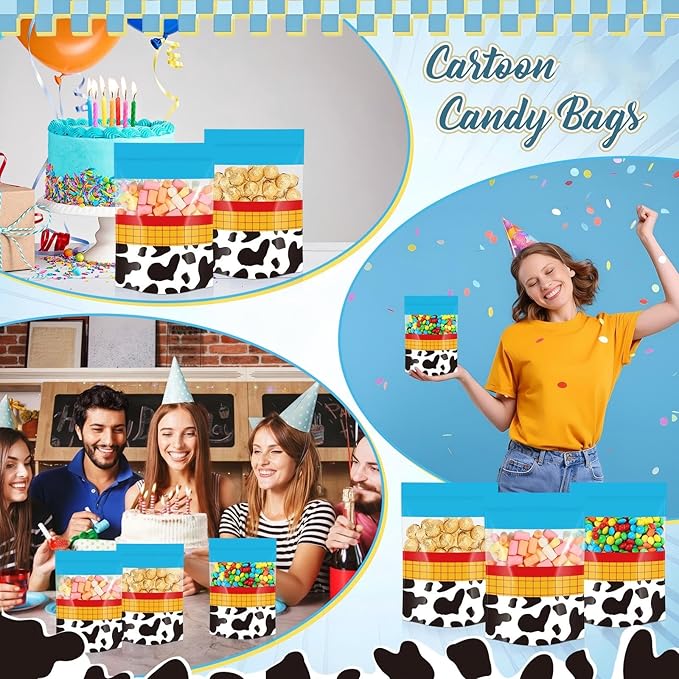 Fuutreo 50 Pcs Cartoon Story Bags Plastic Blue Sky Sealed Pouches Resealable Cow Pattern Pouches Party Favor Bags for Home Candy Small Gift Party Wrapping Supplies Decoration