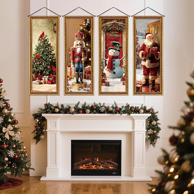 Panelee 4 Pcs Christmas Porch Banners Snowman Santa Nutcracker Xmas Tree Stretching Portraits Wall Decorations Christmas Porch Sign Backdrop for Xmas Indoor Outdoor Wall Hanging Decor