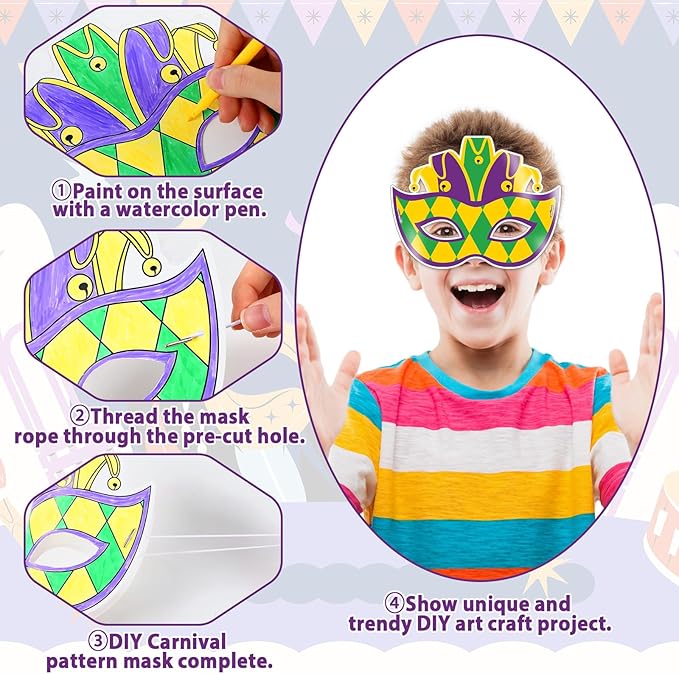 36 Set Carnival Coloring Mask Mardi Gras Paper Art Craft Kid Color Your Own Style Blank DIY Mask Masquerade Birthday Party Dress-Up Decorations Favor School Classroom Activity Game Supplies