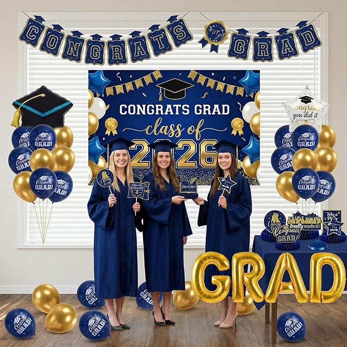 Night Blue Gold Balloons GRAD Print Balloons with Banner Table Honeycomb Centerpieces Hanging Swirl backdrop Stars Graduation Cap GRAD Letters Mylar Balloons for 2026 graduate Prom Decorations