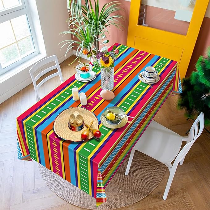 2 Pcs Cinco De Mayo Table Cloths 54 x 108 Inch Mexican Taco Night Colorful Stripe Patterns Plastic Disposable Rectangle Tablecloth for Fiesta Dining Picnic Party Table Cover Supplies