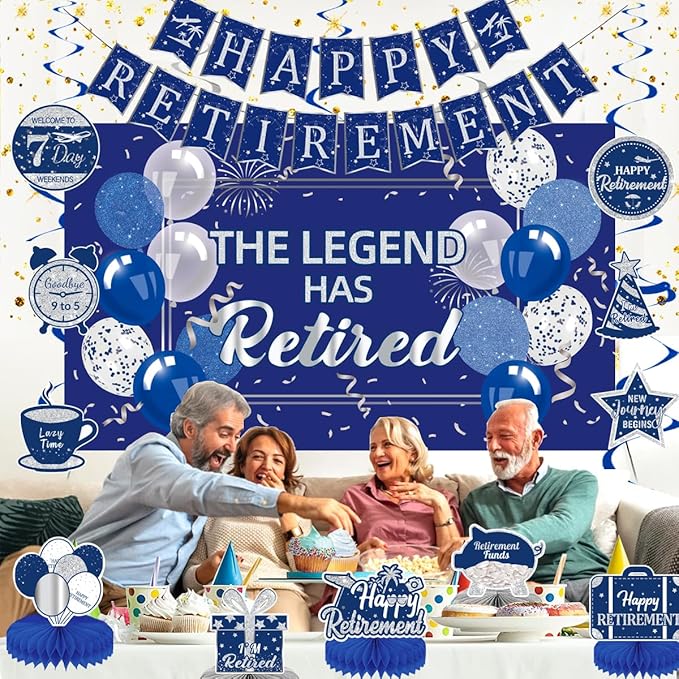 Happy Retirement Party Decorations Men Women, Blue Silver Retirement Party Decorations, Happy Banner, Backdrop, Hanging Swirls, Honeycomb Centerpiece
