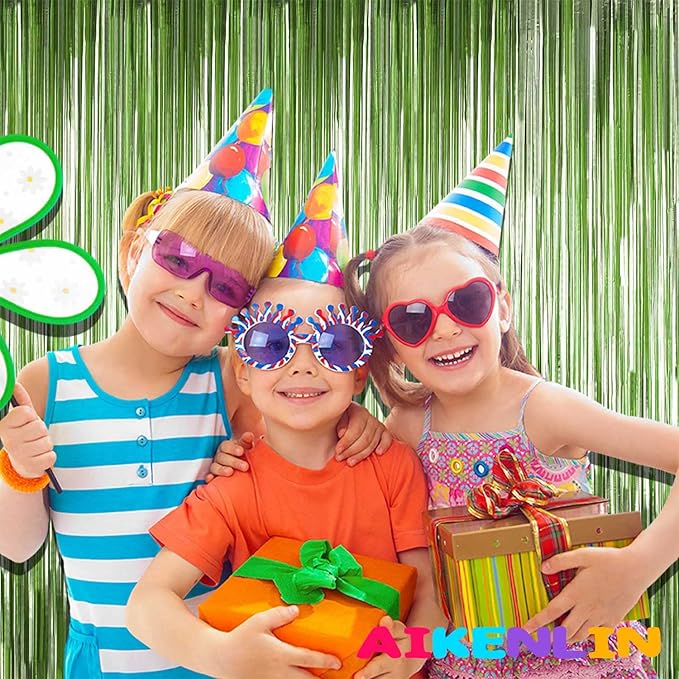4 Pack 3.2Ft x 9.8Ft Light Green Foil Fringe Curtain Backdrop, Metallic Tinsel Foil Fringe Streamers Curtains for Party, Photo Booth Props, Birthday, Wedding, St Patrick Day Party Decoration
