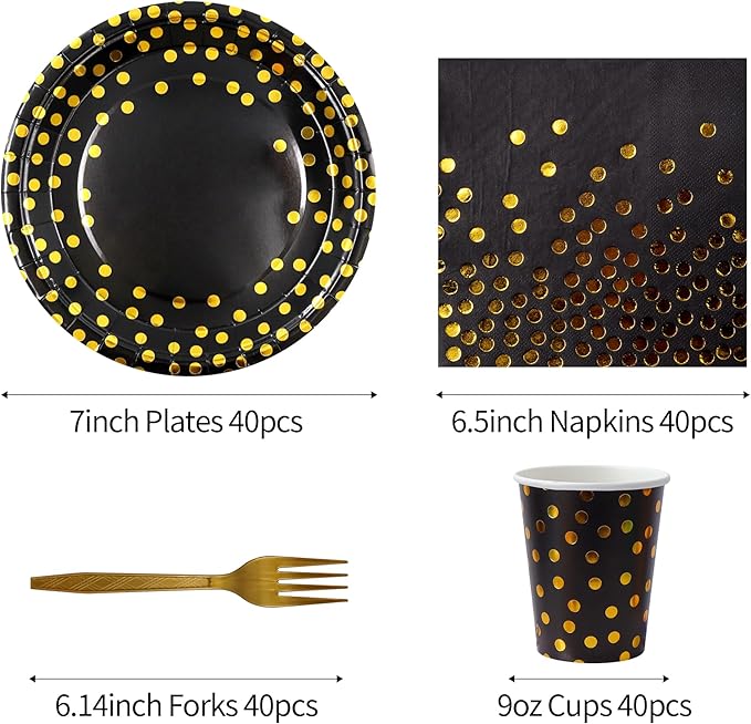 160 Pcs Black and Gold Paper Plates, Forks and Cups Party Supplies, black birthday plates Tableware Supplies for Birthdays, Graduations, Weddings, Holidays Serves 30 (7 inches)