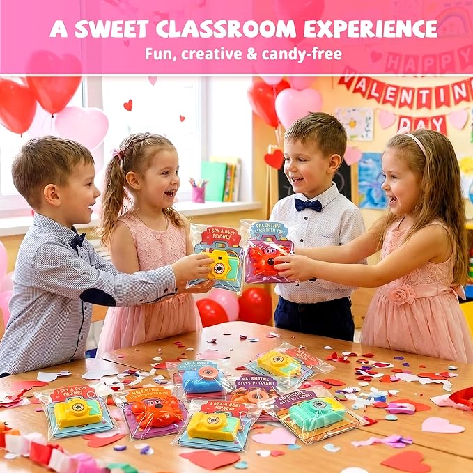 Valentines Day Cards for Kids School – 28 Pack Kids Viewfinder Toy Cameras with Greeting Cards, Classroom Exchange Valentine Gifts for Boys and Girls, Cards + Toys Bulk Set for School Valentine Party