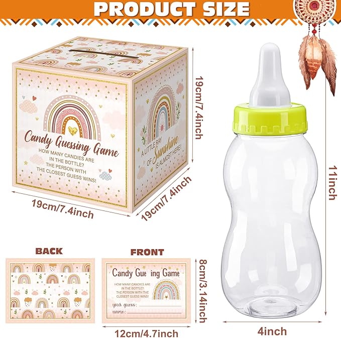 Glenmal 52 Pcs Baby Shower Games Gift Sets Large Baby Bottle for Shower Game Guess How Many Candies Decorations for Gender Reveal(Boho)