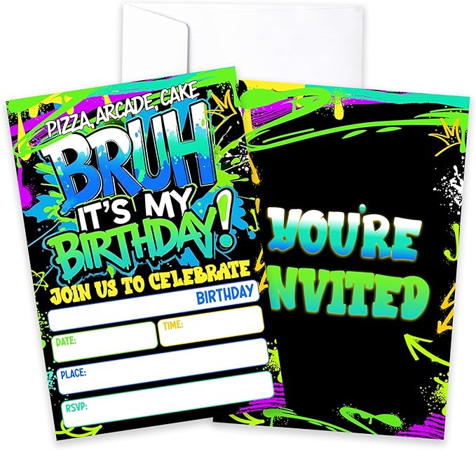 CLIRBE Bruh Birthday Party Invitations, Glow Neon Invited Birthday Invitations For Brother Bro Teen Boys, 20 Invites Cards With 20 Envelopes, Party Supplies Favors -H01