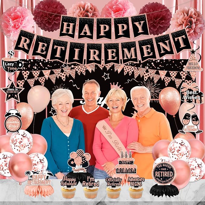 Retirement Party Decorations for Women, Rose Gold Happy Retirement Banner Backdrop Hanging Swirls Party Supplies, Retired Sash Balloons Honeycomb Centerpieces Cupcake Toppers Decor