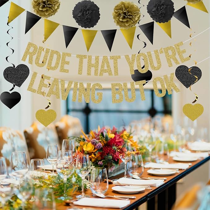 Rude That You're Leaving But OK Banner Going Away Party Decorations for Coworker Friends, Retirement Party Decor, Black Gold Glittery Office & Home Farewell Party Goodbye Decorations