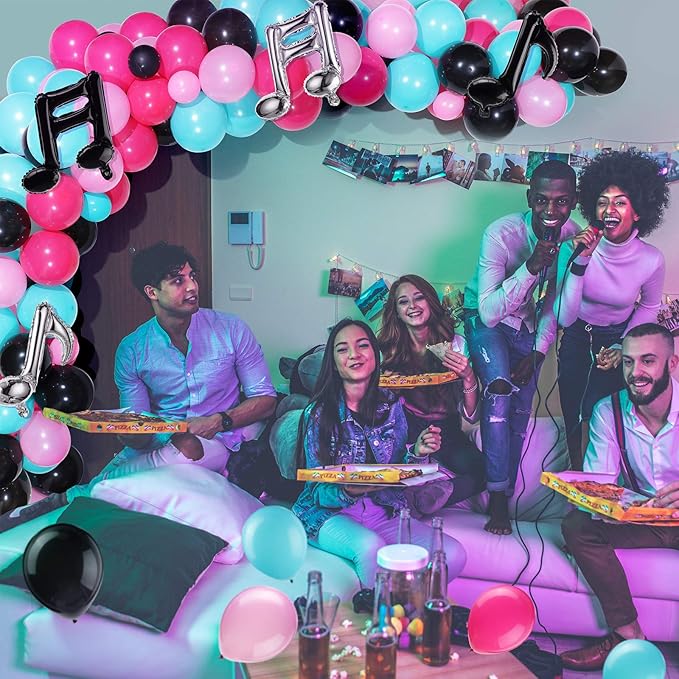 Sumind 144 Pieces Music Balloons Birthday Garland Kit Music Sign Foil 5 Inch 10 Inch Rose Red Black Blue Pink for Sock Hop Party, 1950s Party, K Pop Decorations, Birthday, Karaoke Supplies