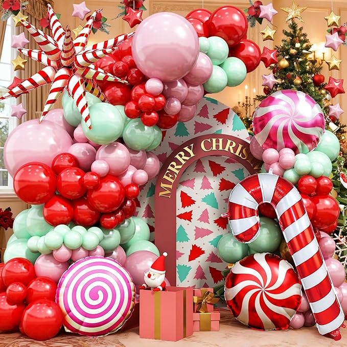 Merry Christmas Balloon Arch Kit Pink Balloon Garland, 112pcs Christmas Decorations Pink Red Green Balloons with Windmill Cane Foil Balloon, Baby Shower Xmas Party Supplies Decor