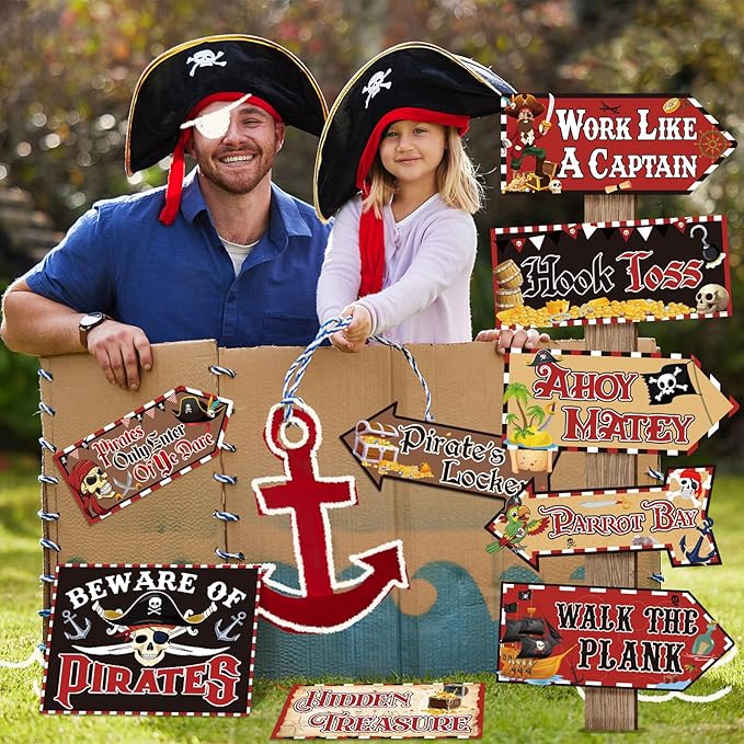 Hooqict 20 Pieces Pirate Party Decorations Sign Beware of Pirates Party Directional Signs Pirate Themed Birthday Party Banner Supplies