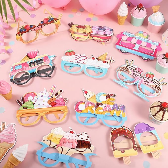 Pajean 32 Pcs Ice Cream Party Decorations Eyeglasses Ice Cream Themed Paper Glasses Summer Creams Photo Booth Props Frame 67 Birthday Decor for Sweet Summer 6 7 Birthday Party Baby Shower Supplies