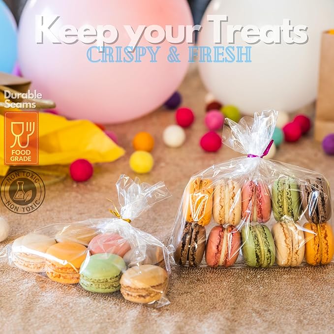 TATTI 200 Pack Clear Cellophane Bags for Favors - Transparent Goodie Bags for Birthday Party, 6x9 Inch Clear Bags with 5-Inch Twist Ties - Candy, Treat, Cookie Bags for Gift Giving