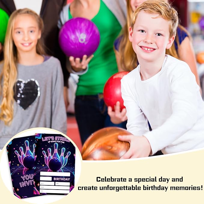 Neon Bowling Birthday Party Invitation Cards 20 Invitations With Envelopes, Bowling Invites For Birthday Parties,Theme Birthday Decorations, Party Gathering Invitation (4x6 inch)
