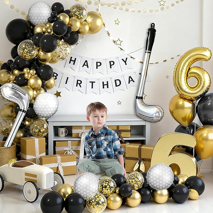 Hole in One Balloon Garland Arch Kit - 146 Pcs Black, Gold & Confetti Balloons with Golf Cart & Ball Foil Balloons for Golf Themed Retirement, Birthday, Country Club, New Year Events