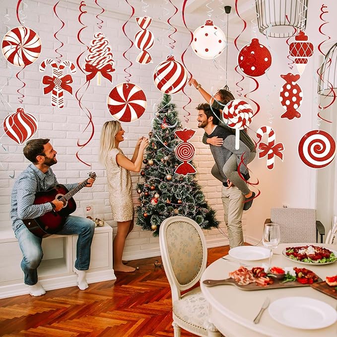 Candy Cane Christmas Party Decorations - 20pcs Red Candy Cane Lollipop Peppermint Christmas Hanging Swirls Decorations for Xmas Home Candyland Winter Holiday Party Decor Supplies